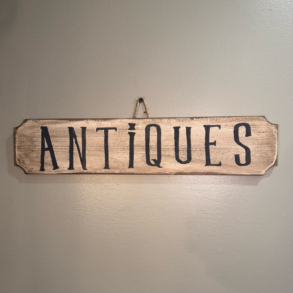 Reproduction Hand Painted Antiques Cream and Black Wall Sign rustic wood Art